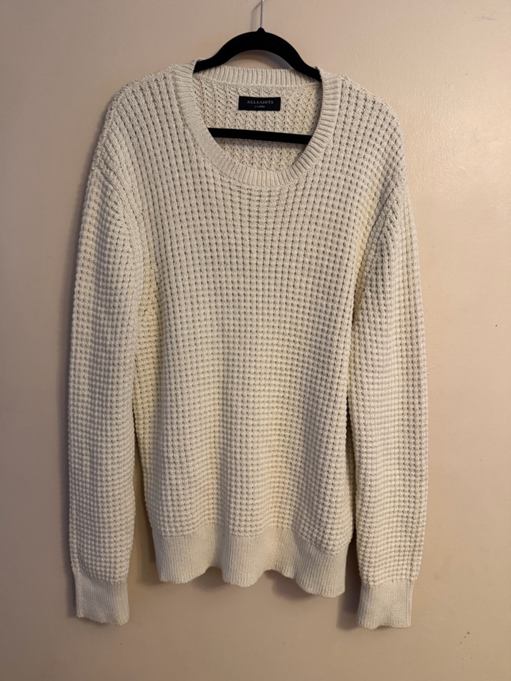 All Saints Cream Waffle Knit Crewneck Sweater